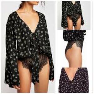 Free People Black Floral Bodysuit